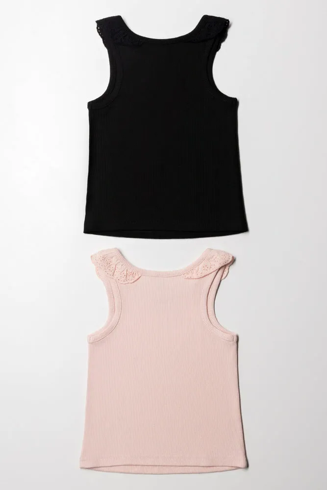 2 Pack Sleeveless Vest Rib With Frill Neckline Black