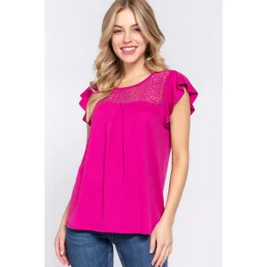 ACTIVE BASIC Ruffle Short Sleeve Lace Detail Knit Top