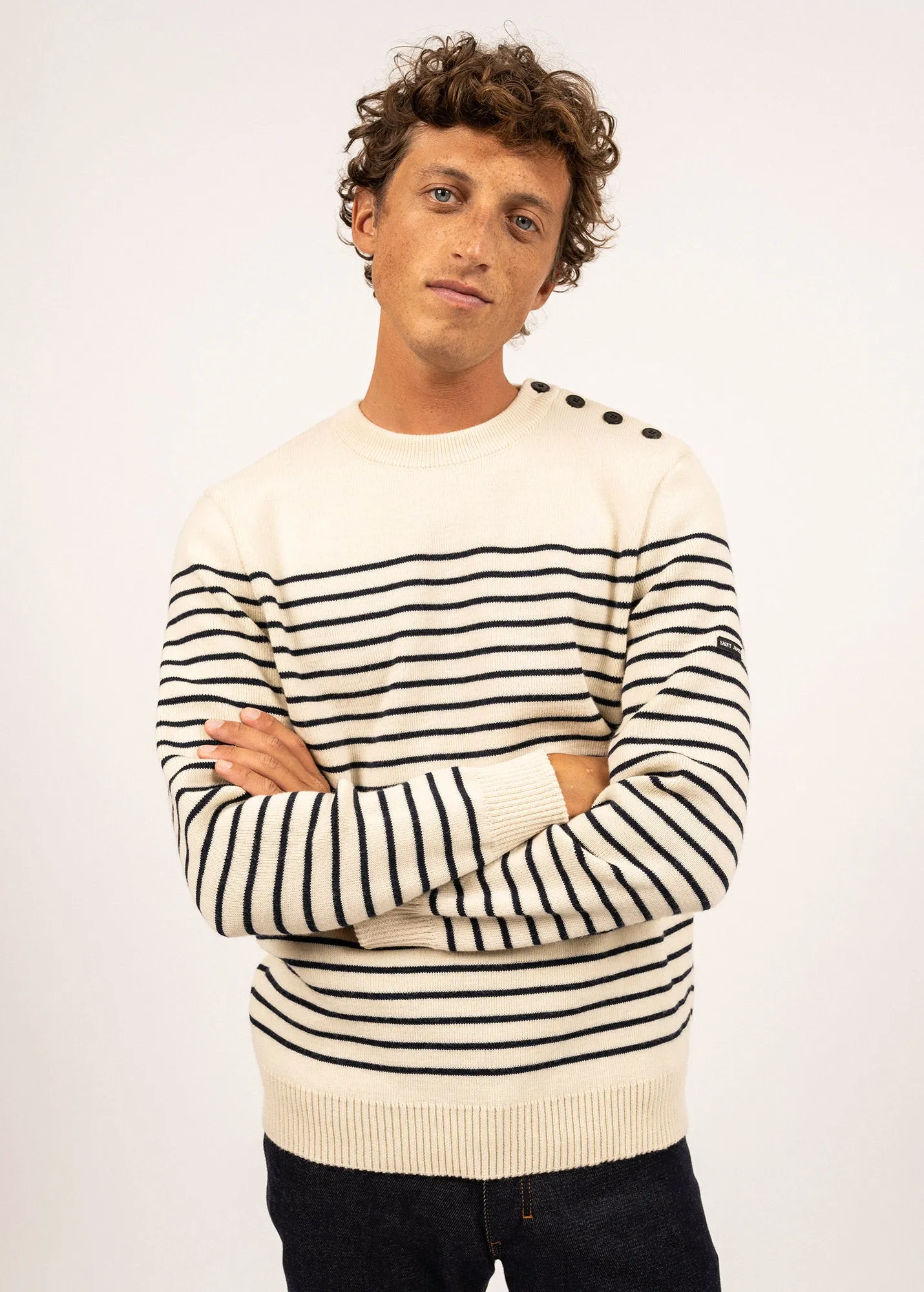 BINIC - Authentic Striped Fisherman Sweater With Shoulder Buttons in Wool | Loose Fit (ECRU / NAVY)