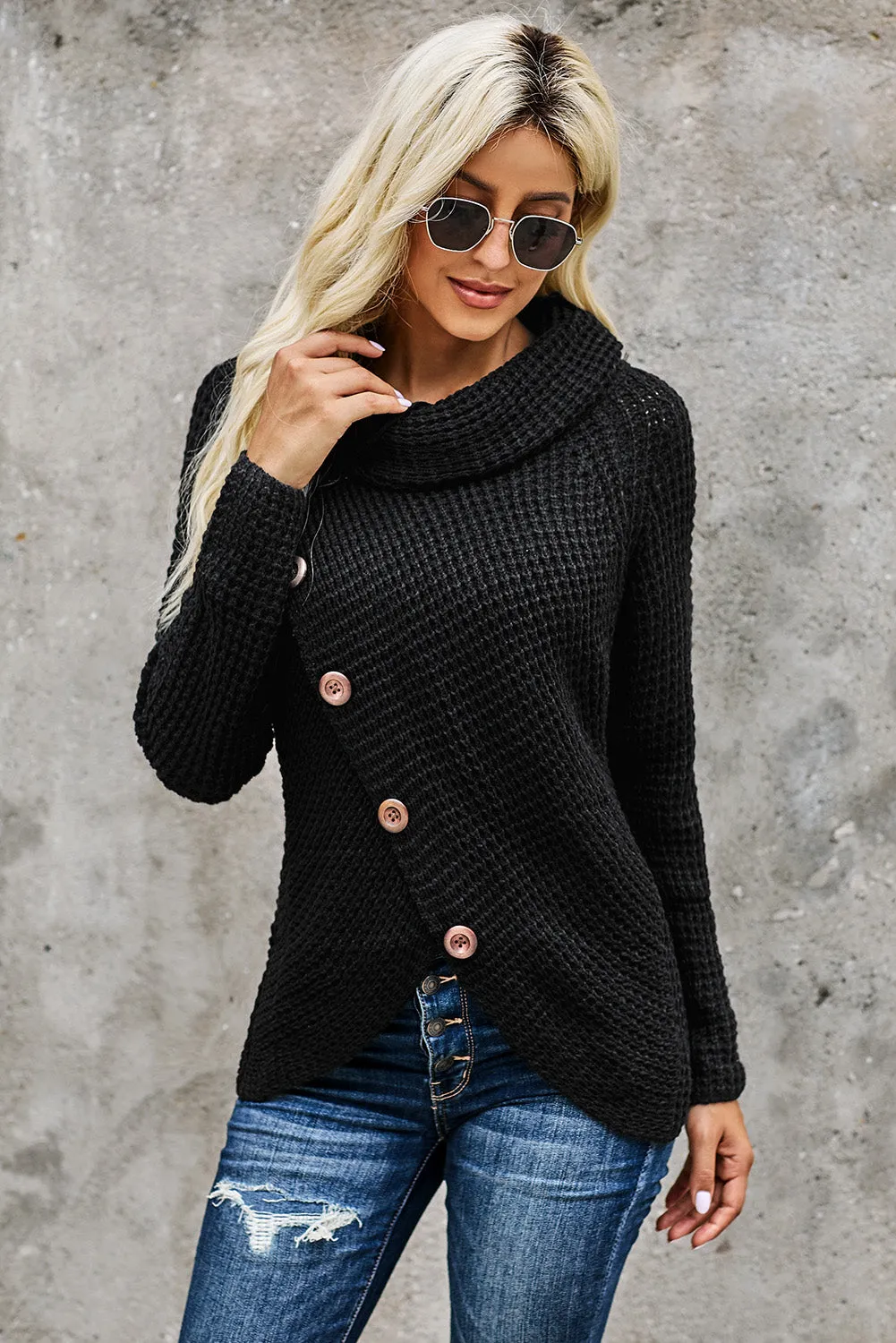 Black Buttoned Wrap Turtleneck Sweater