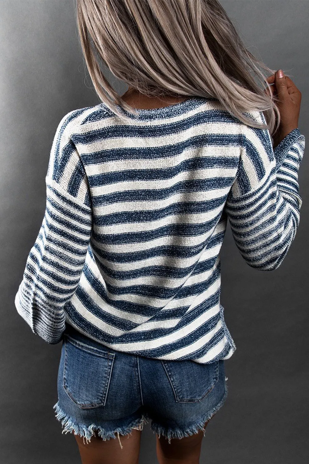 Blue Striped Knit Tie Up Sweater