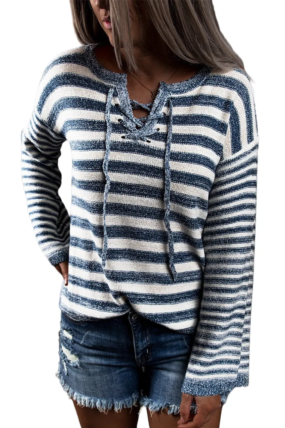 Blue Striped Knit Tie Up Sweater