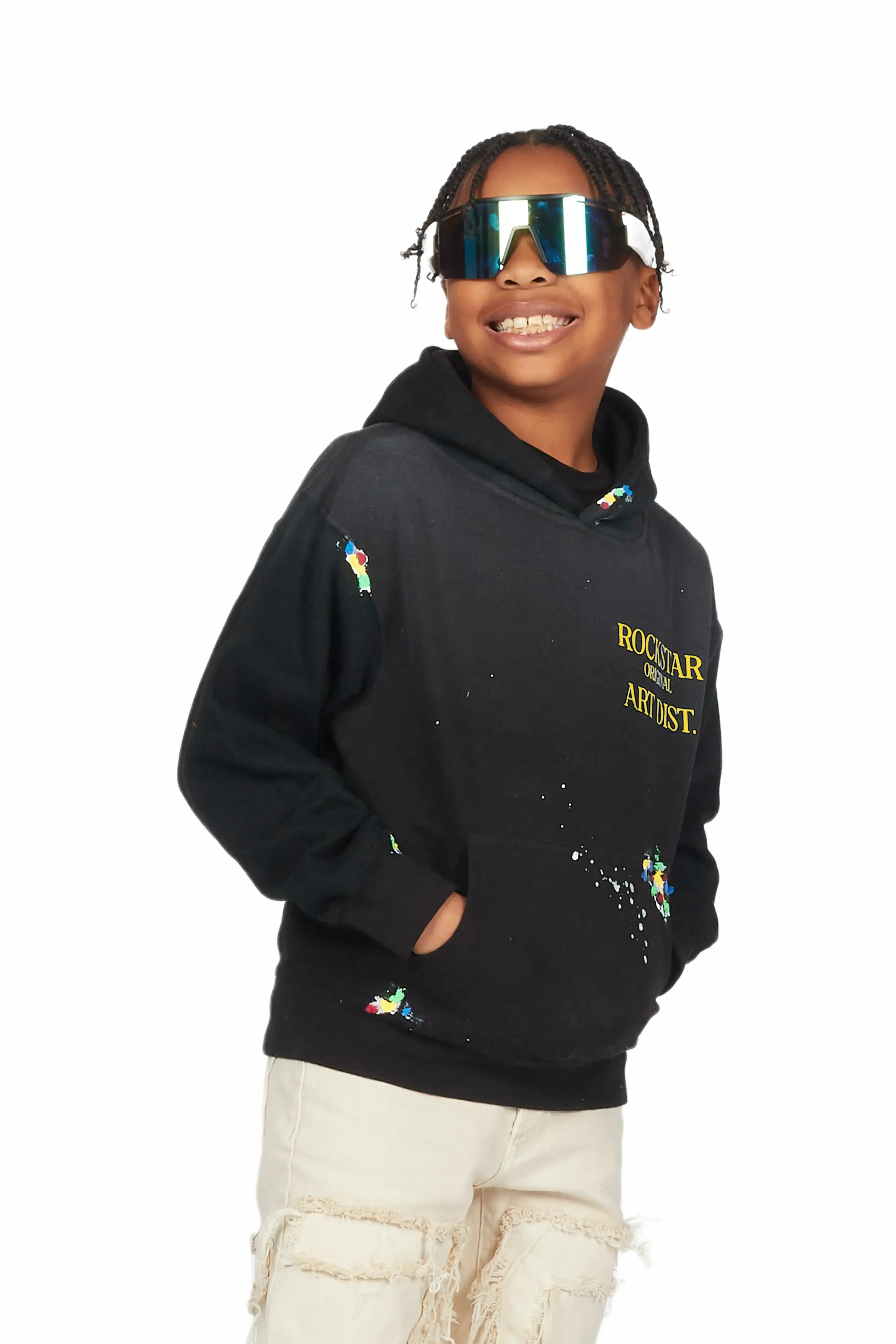 Boys Rockstar Art Dist. Black/Yellow Graphic Hoodie