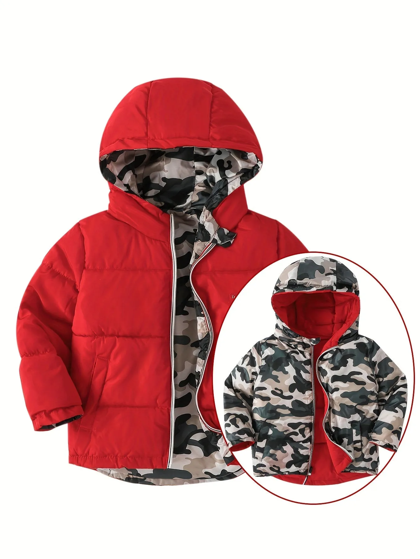 Boys' Winter Camo Coat: Reversible, Windproof Hooded Jacket - Warm, Durable & Stylish with Pockets