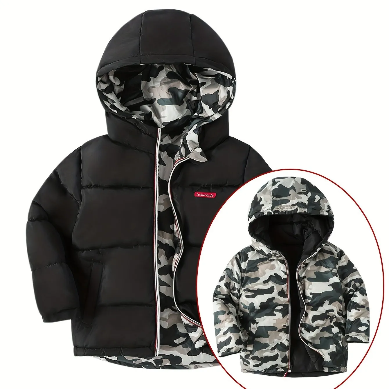 Boys' Winter Camo Coat: Reversible, Windproof Hooded Jacket - Warm, Durable & Stylish with Pockets