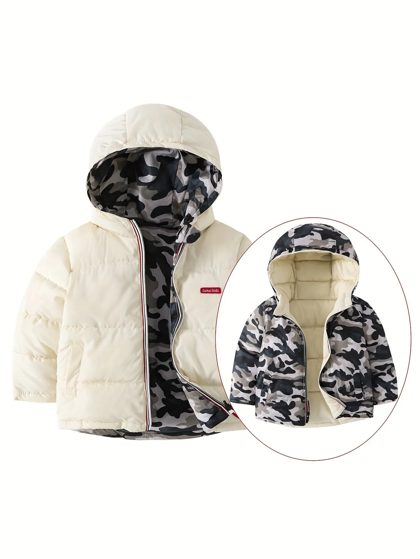 Boys' Winter Camo Coat: Reversible, Windproof Hooded Jacket - Warm, Durable & Stylish with Pockets