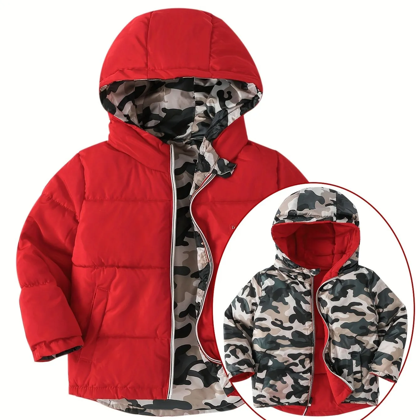 Boys' Winter Camo Coat: Reversible, Windproof Hooded Jacket - Warm, Durable & Stylish with Pockets