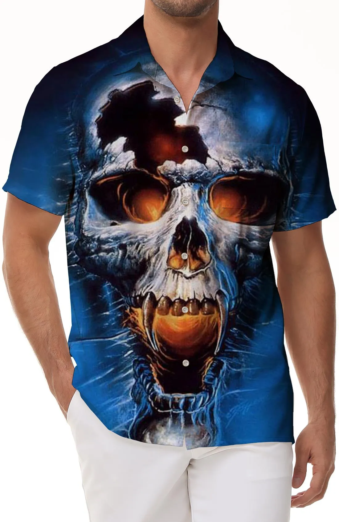 Casual Button Printed Hawaiian Shirt Men's Short Sleeve Costume Horror Skull Black