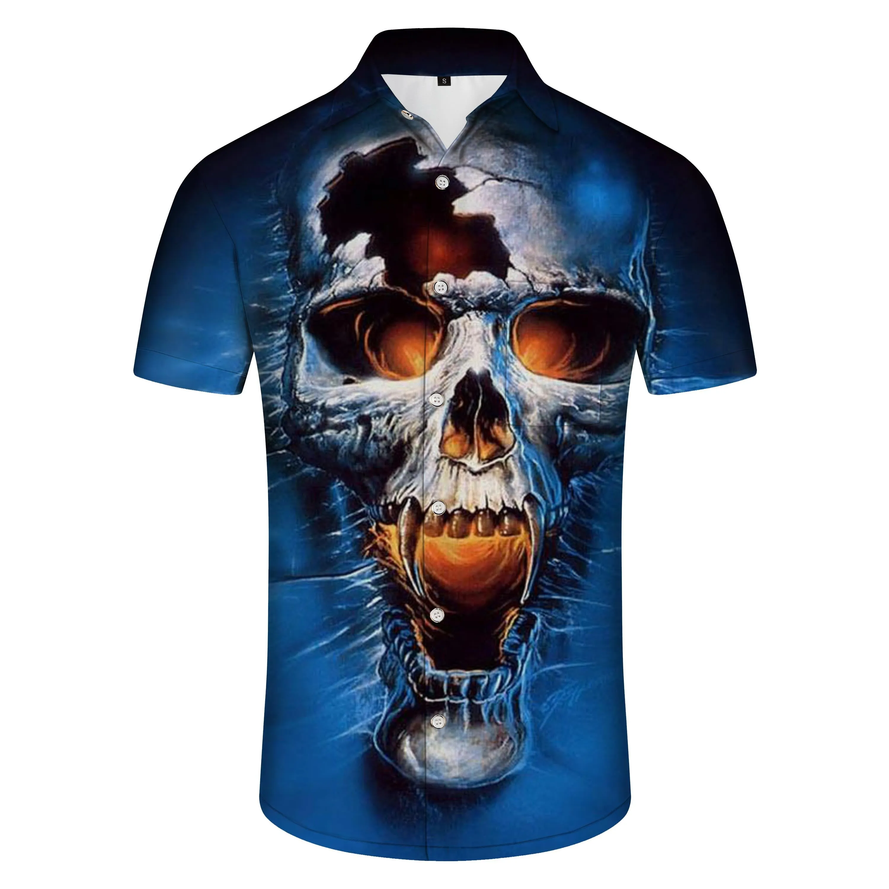 Casual Button Printed Hawaiian Shirt Men's Short Sleeve Costume Horror Skull Black