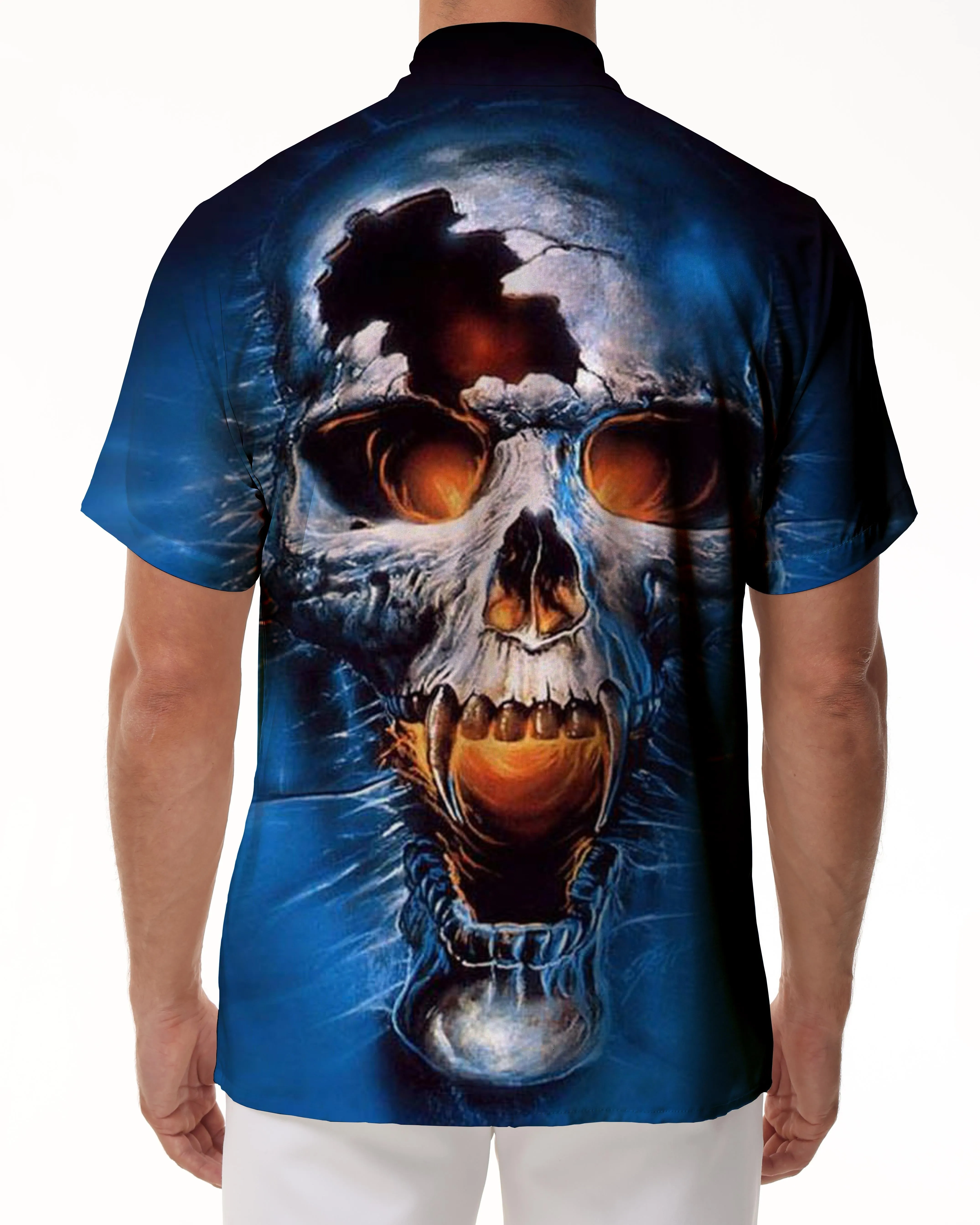 Casual Button Printed Hawaiian Shirt Men's Short Sleeve Costume Horror Skull Black