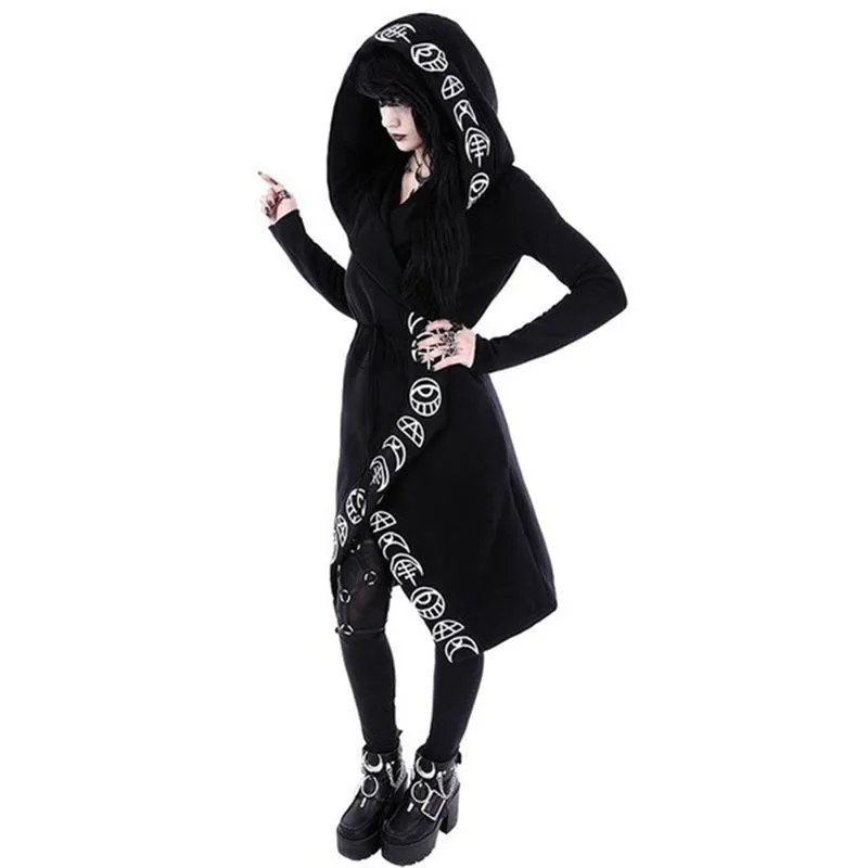 Cool Gothic Coat / Black Women's Loose Cotton Hooded Plain Coat / Female Gothic Clothing