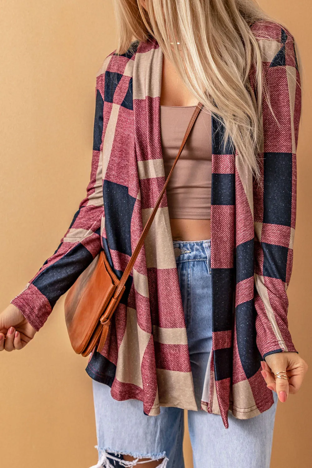 Draped Open Front Plaid Cardigan