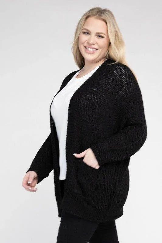 eesome Plus Size Ribbed Knit Open Front Cardigan