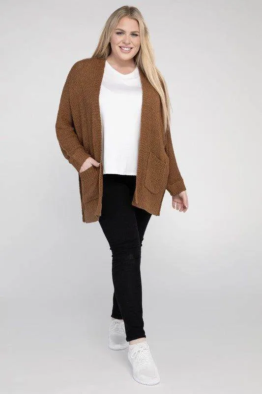 eesome Plus Size Ribbed Knit Open Front Cardigan