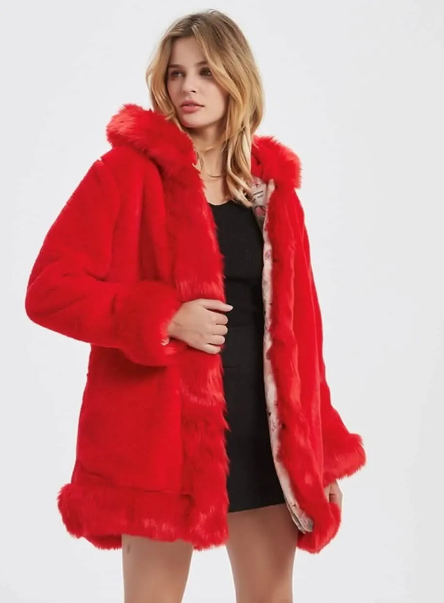 Elegant Women's Faux Fur Hooded Coat with Chic Collar