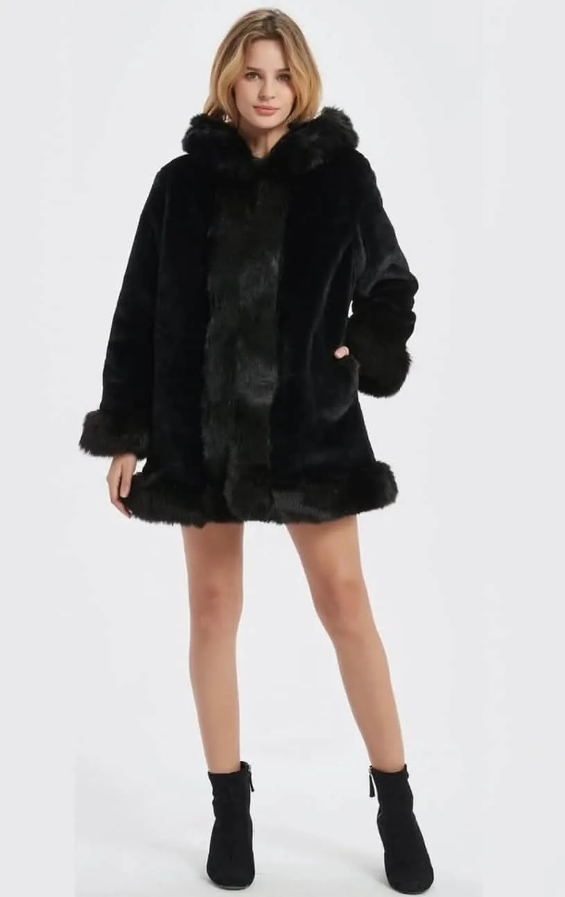 Elegant Women's Faux Fur Hooded Coat with Chic Collar