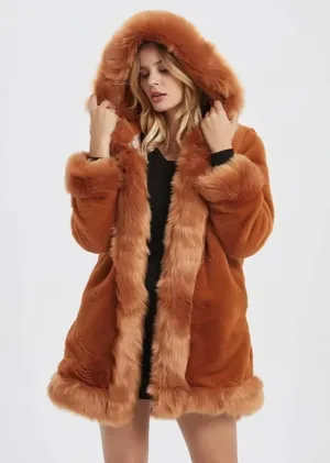 Elegant Women's Faux Fur Hooded Coat with Chic Collar