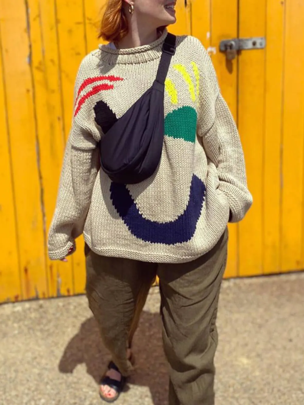 Feel Good Knit Colorful Smiley Face Loose Pullover Sweater