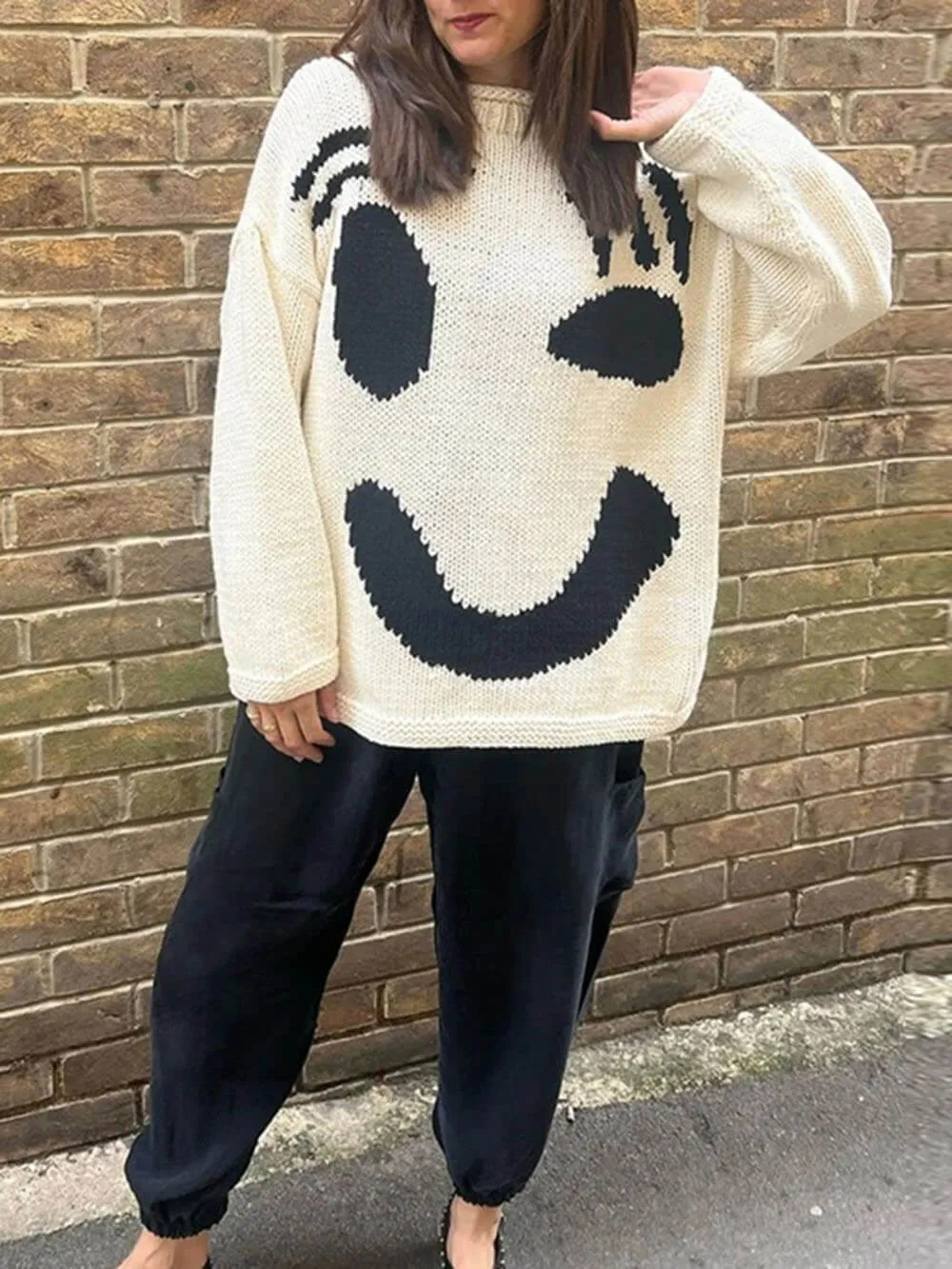 Feel Good Knit Colorful Smiley Face Loose Pullover Sweater