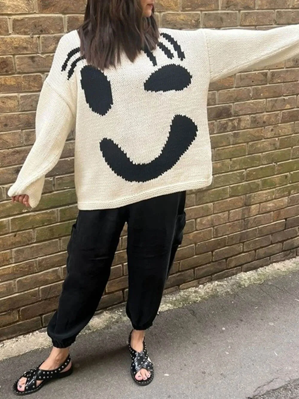 Feel Good Knit Colorful Smiley Face Loose Pullover Sweater