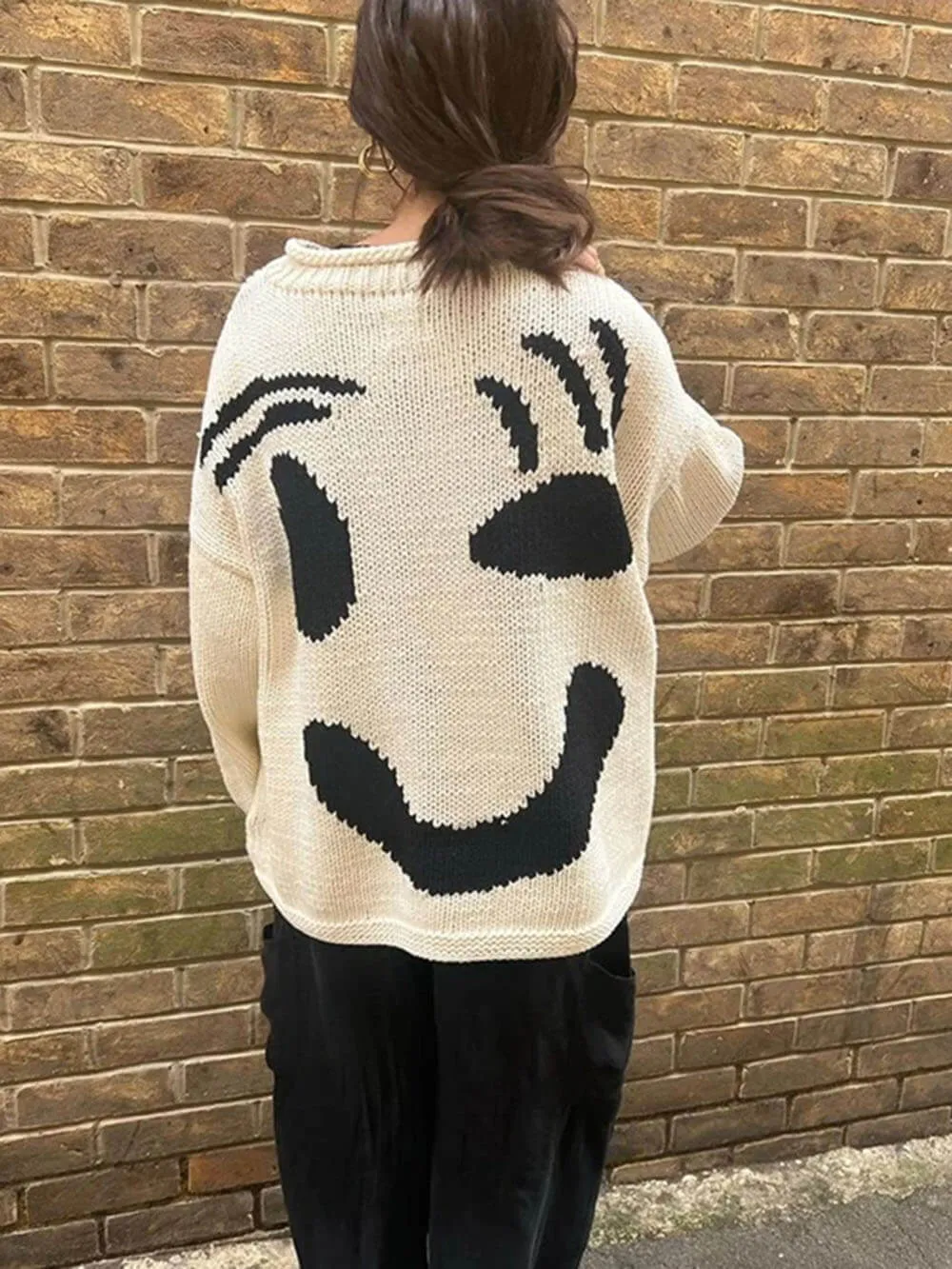 Feel Good Knit Colorful Smiley Face Loose Pullover Sweater