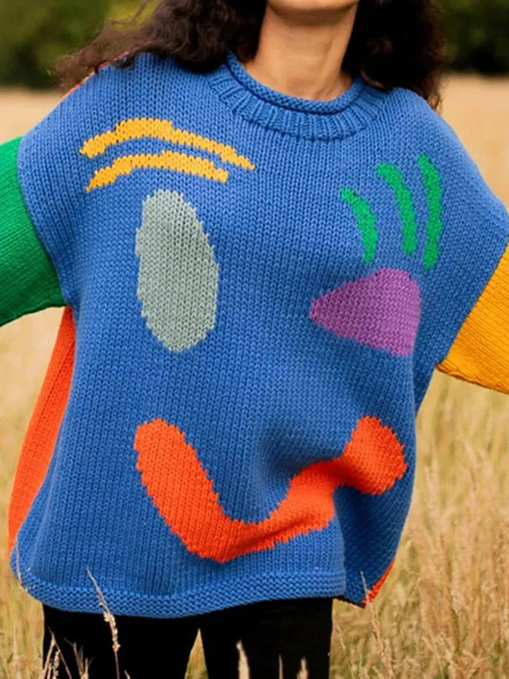 Feel Good Knit Colorful Smiley Face Loose Pullover Sweater