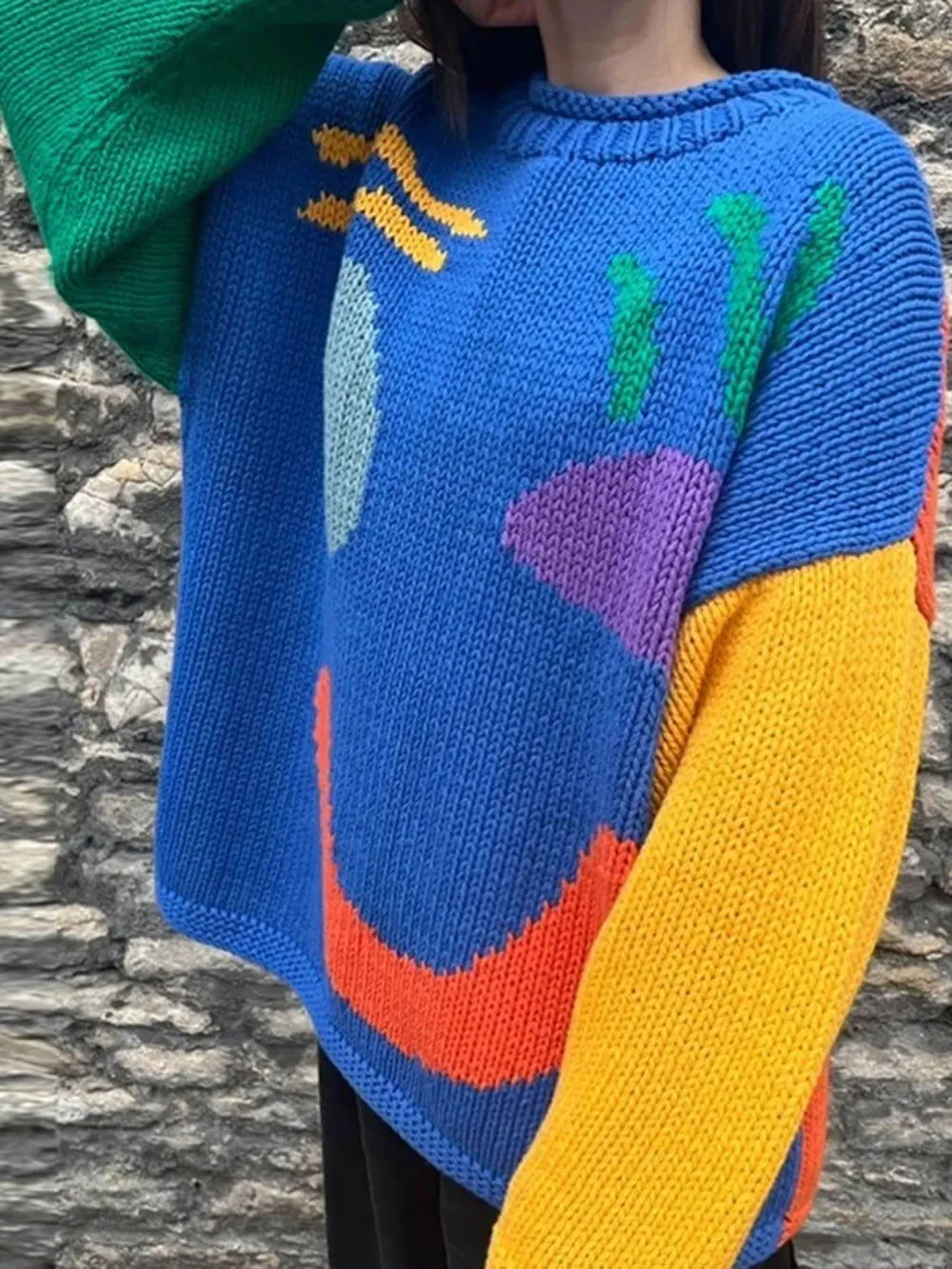 Feel Good Knit Colorful Smiley Face Loose Pullover Sweater