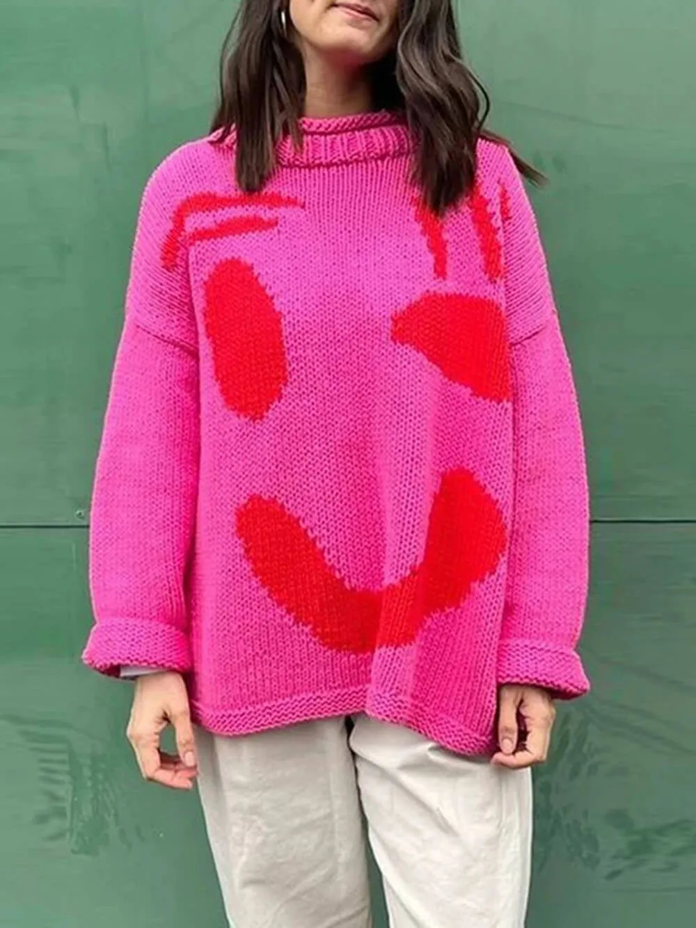 Feel Good Knit Colorful Smiley Face Loose Pullover Sweater