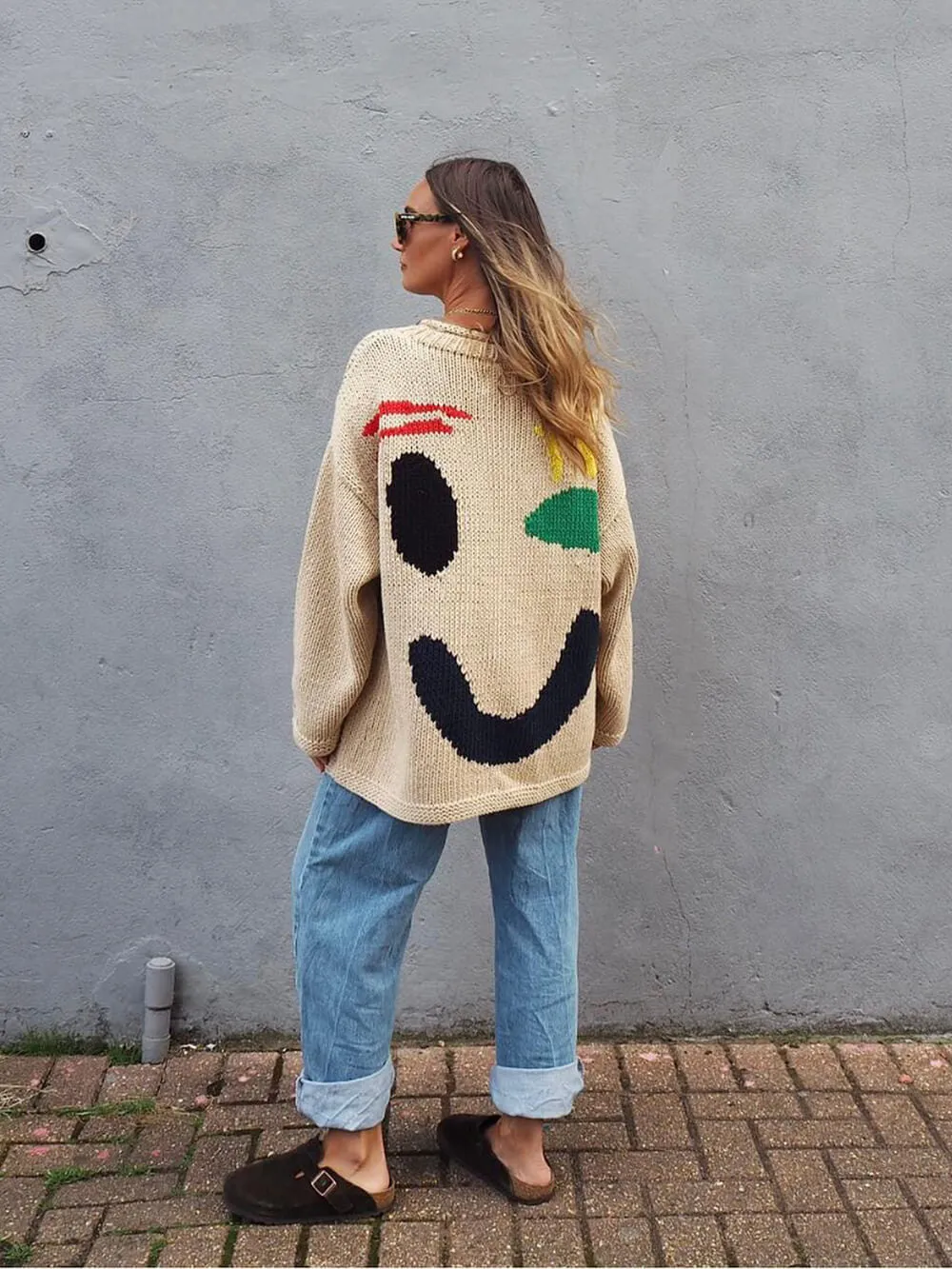 Feel Good Knit Colorful Smiley Face Loose Pullover Sweater