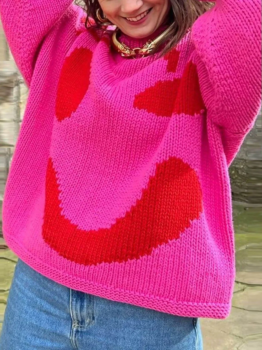 Feel Good Knit Colorful Smiley Face Loose Pullover Sweater