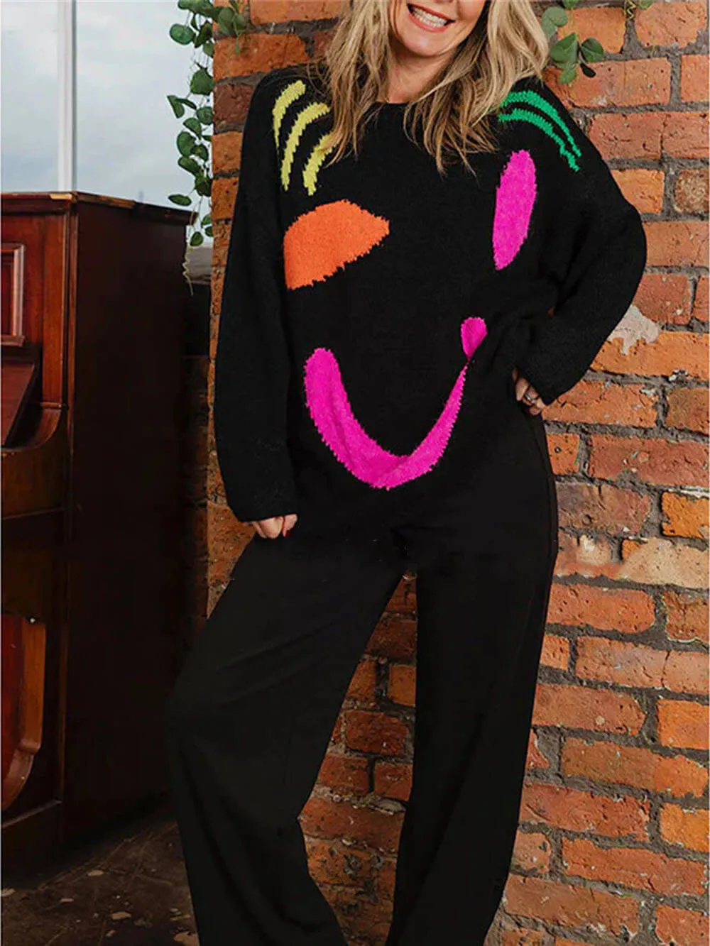 Feel Good Knit Colorful Smiley Face Loose Pullover Sweater