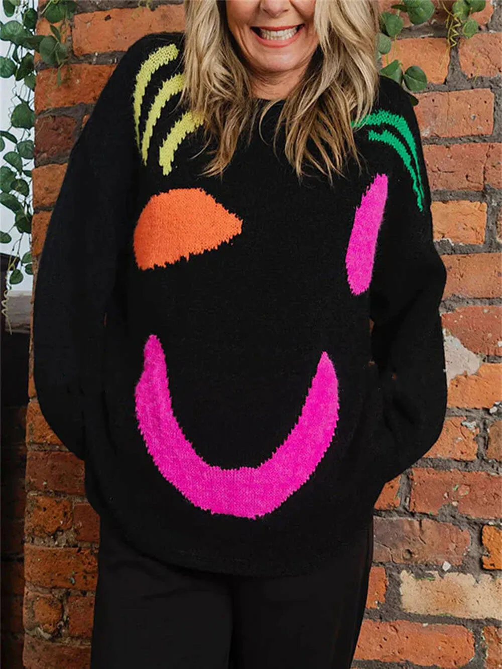 Feel Good Knit Colorful Smiley Face Loose Pullover Sweater