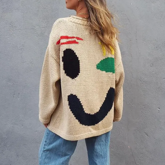 Feel Good Knit Colorful Smiley Face Loose Pullover Sweater