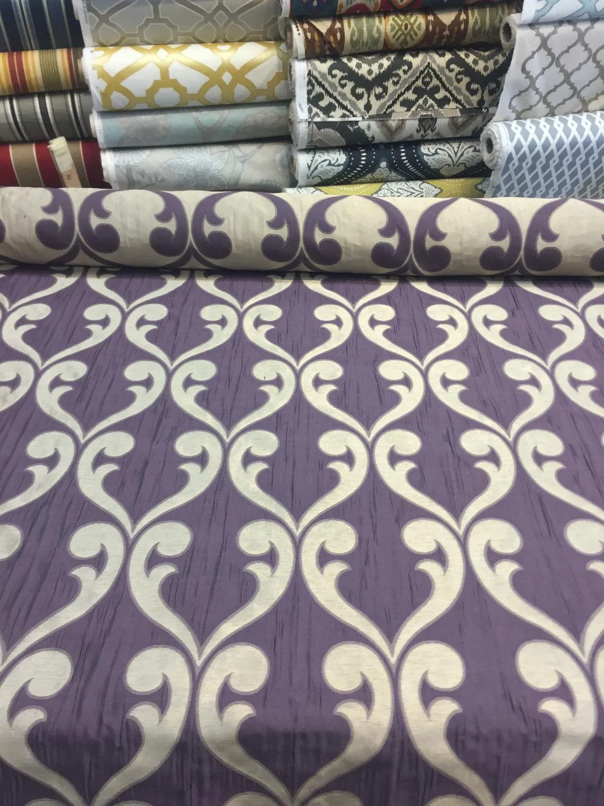 Fleur De Lis Amethyst Jacquard Reversible Pocket Drapery Fabric By the Yard