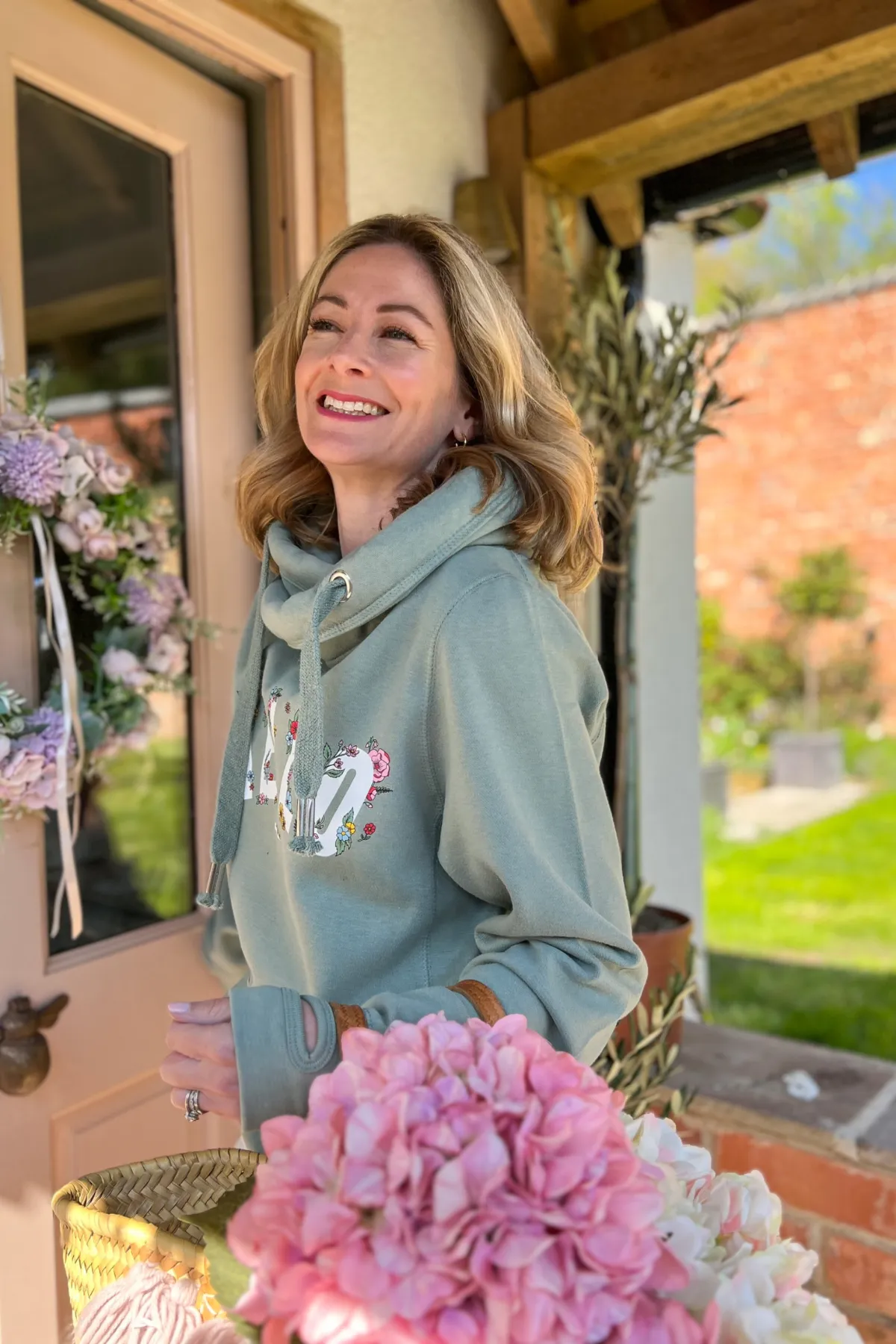 Floral Sage Hello Cowl Neck Hoodie