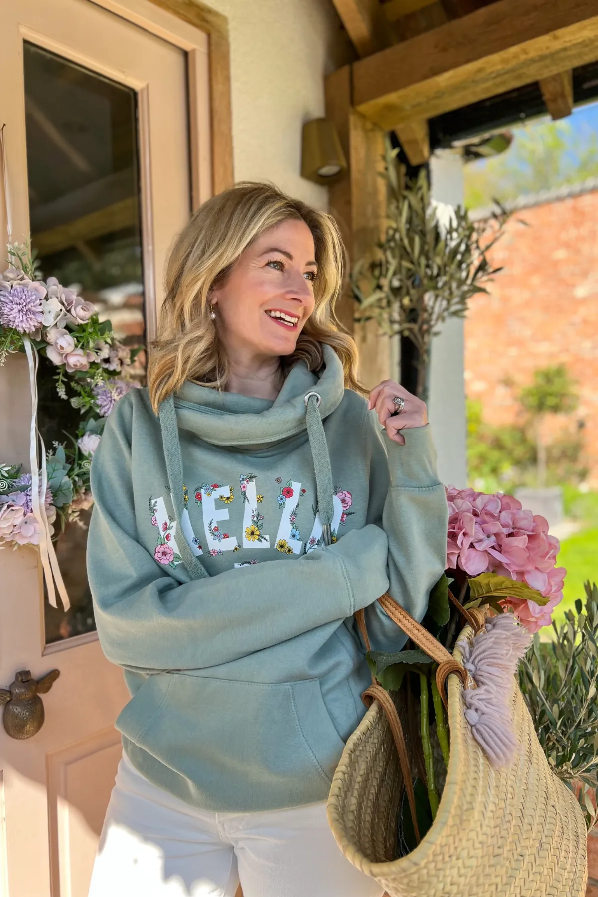 Floral Sage Hello Cowl Neck Hoodie