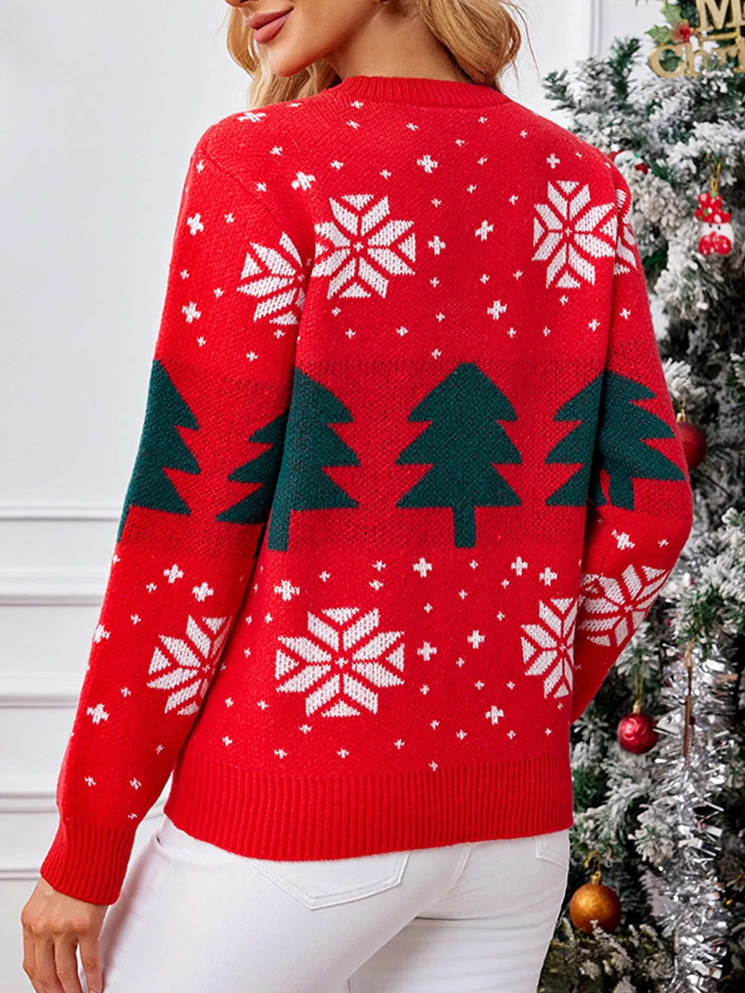 Long Sleeve Round Neck Snowflake Tree Christmas Sweater