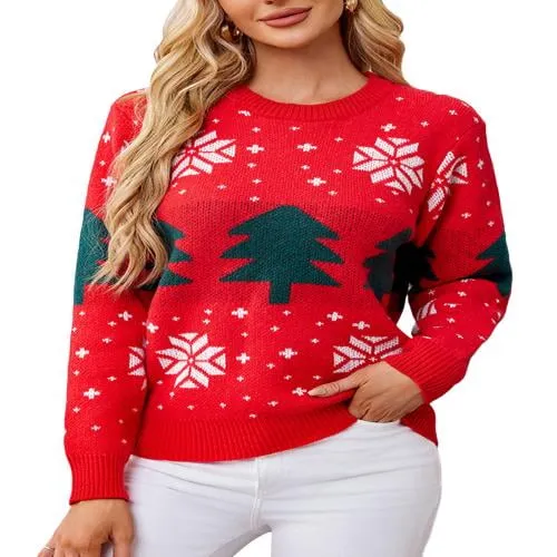 Long Sleeve Round Neck Snowflake Tree Christmas Sweater