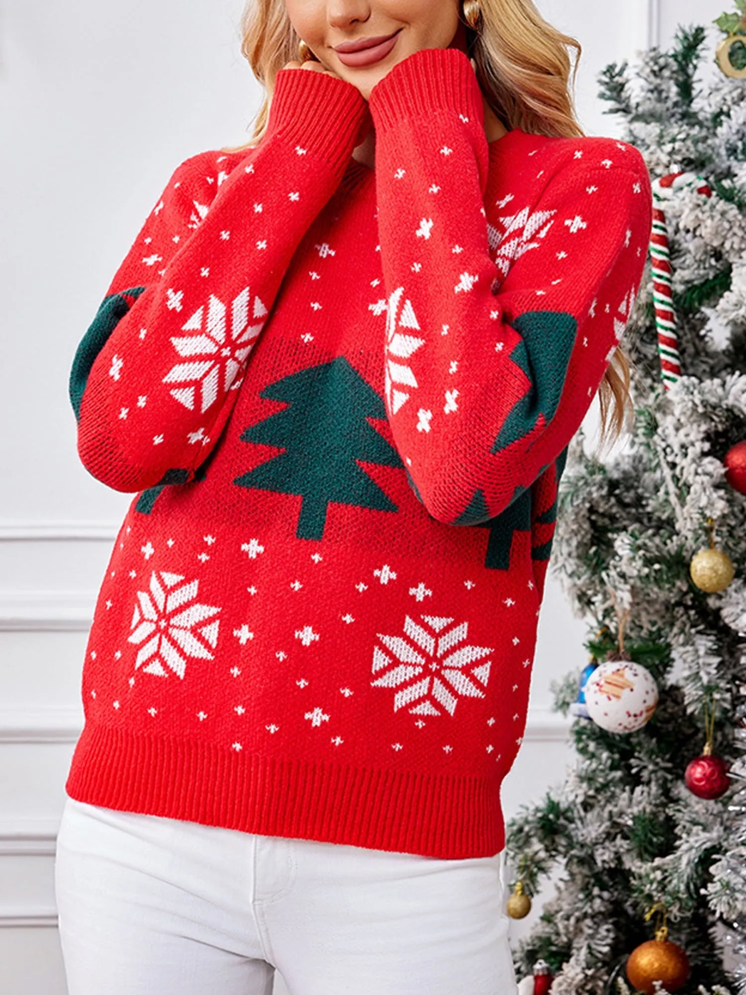 Long Sleeve Round Neck Snowflake Tree Christmas Sweater