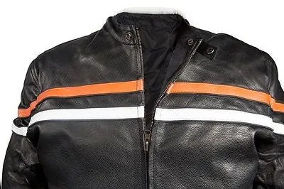 MEN'S MOTORCYCLE SCOOTER REAL LEATHER JACKET WITH ORANGE STRIP REVERSIBLE