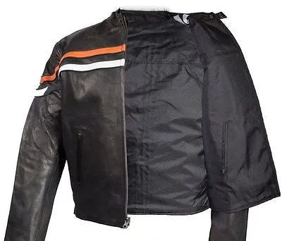 MEN'S MOTORCYCLE SCOOTER REAL LEATHER JACKET WITH ORANGE STRIP REVERSIBLE