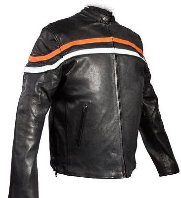 MEN'S MOTORCYCLE SCOOTER REAL LEATHER JACKET WITH ORANGE STRIP REVERSIBLE