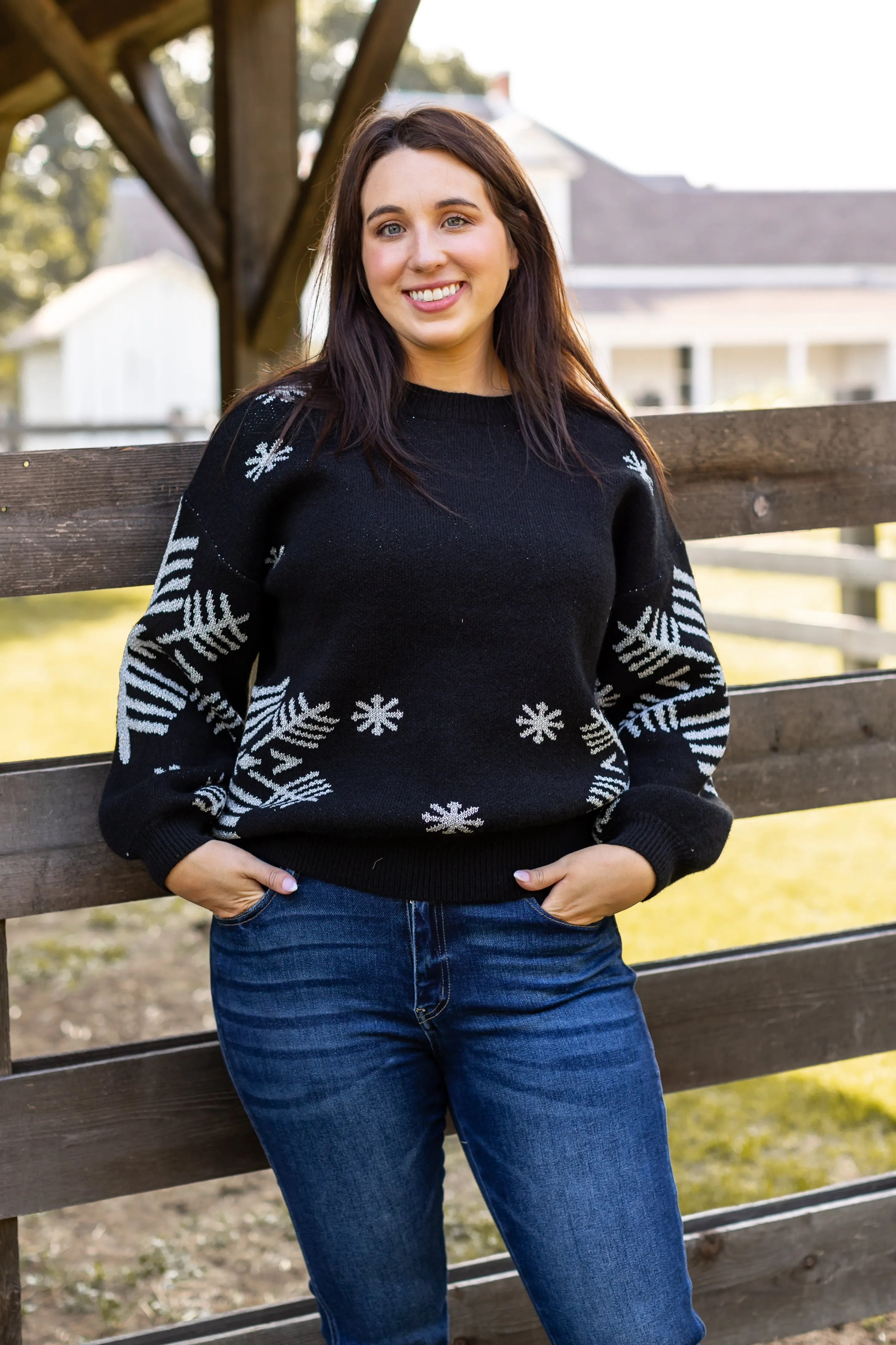 Nightfall Frost Black Sweater with Silver Snowflakes