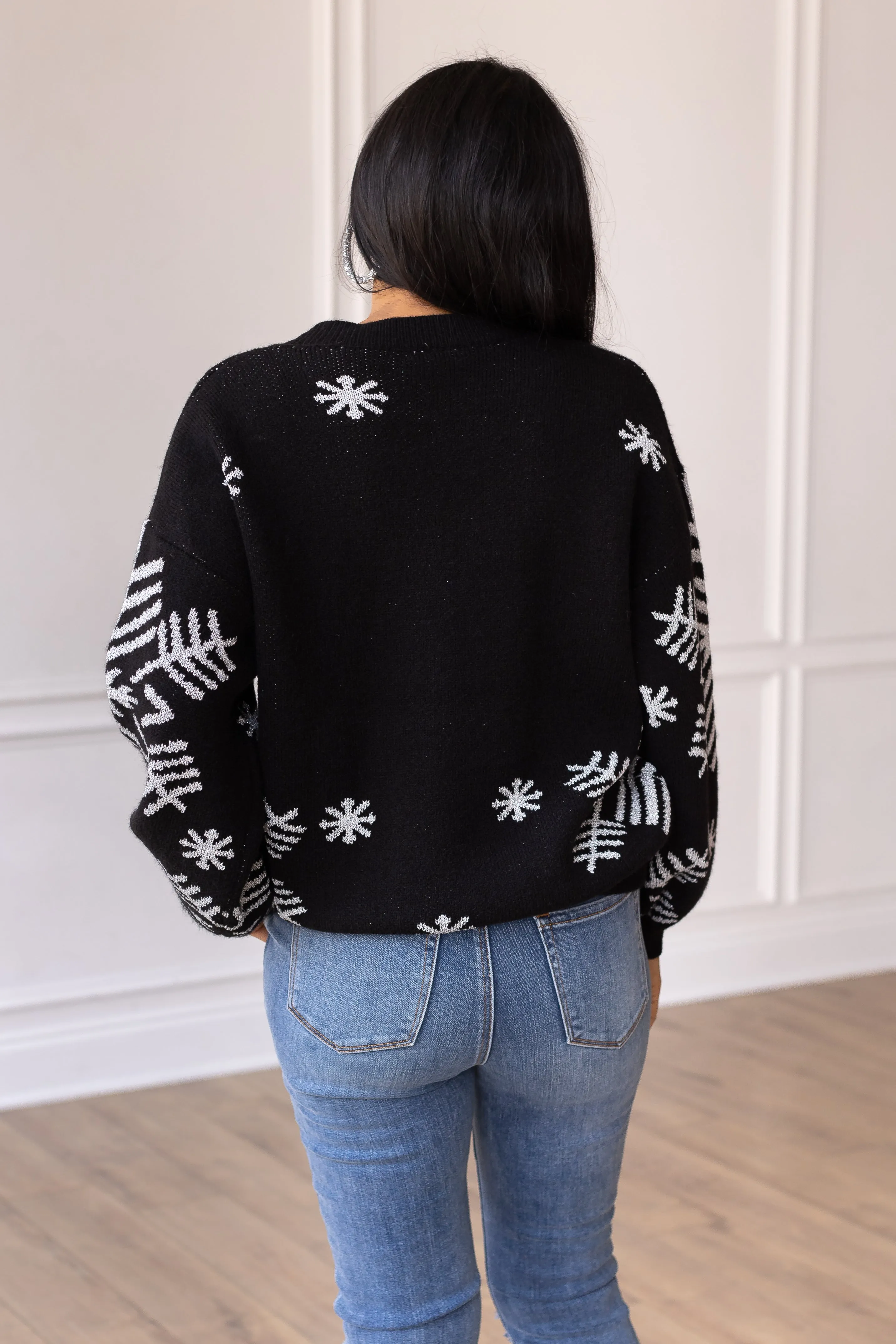 Nightfall Frost Black Sweater with Silver Snowflakes