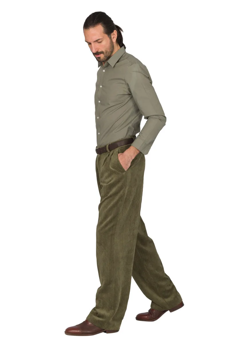 Olive Green Corduroy Tango Pants With Two Pleats