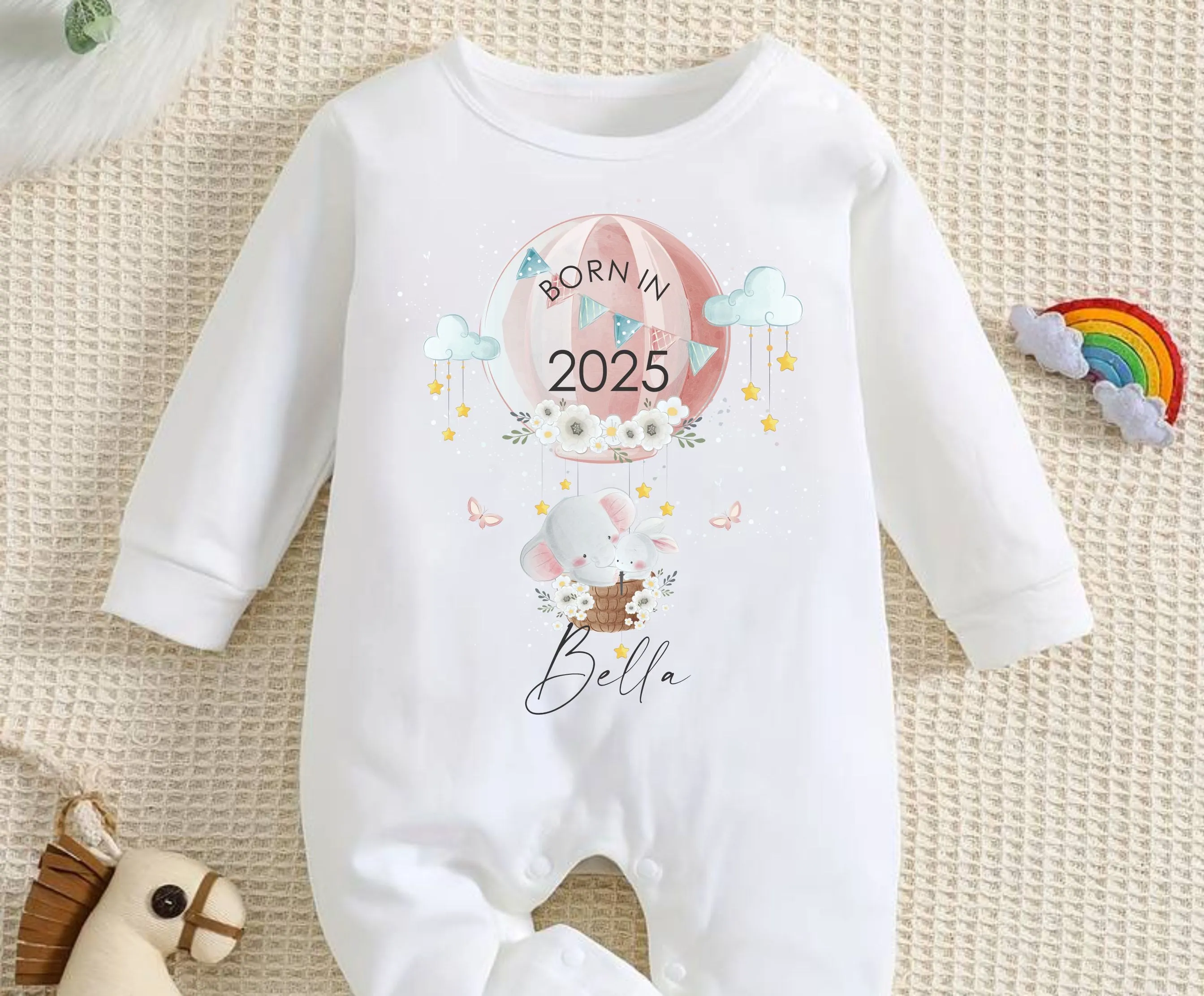 Personalised Born In 2025 Baby Rompersuit or Vest -  Balloon Elephant