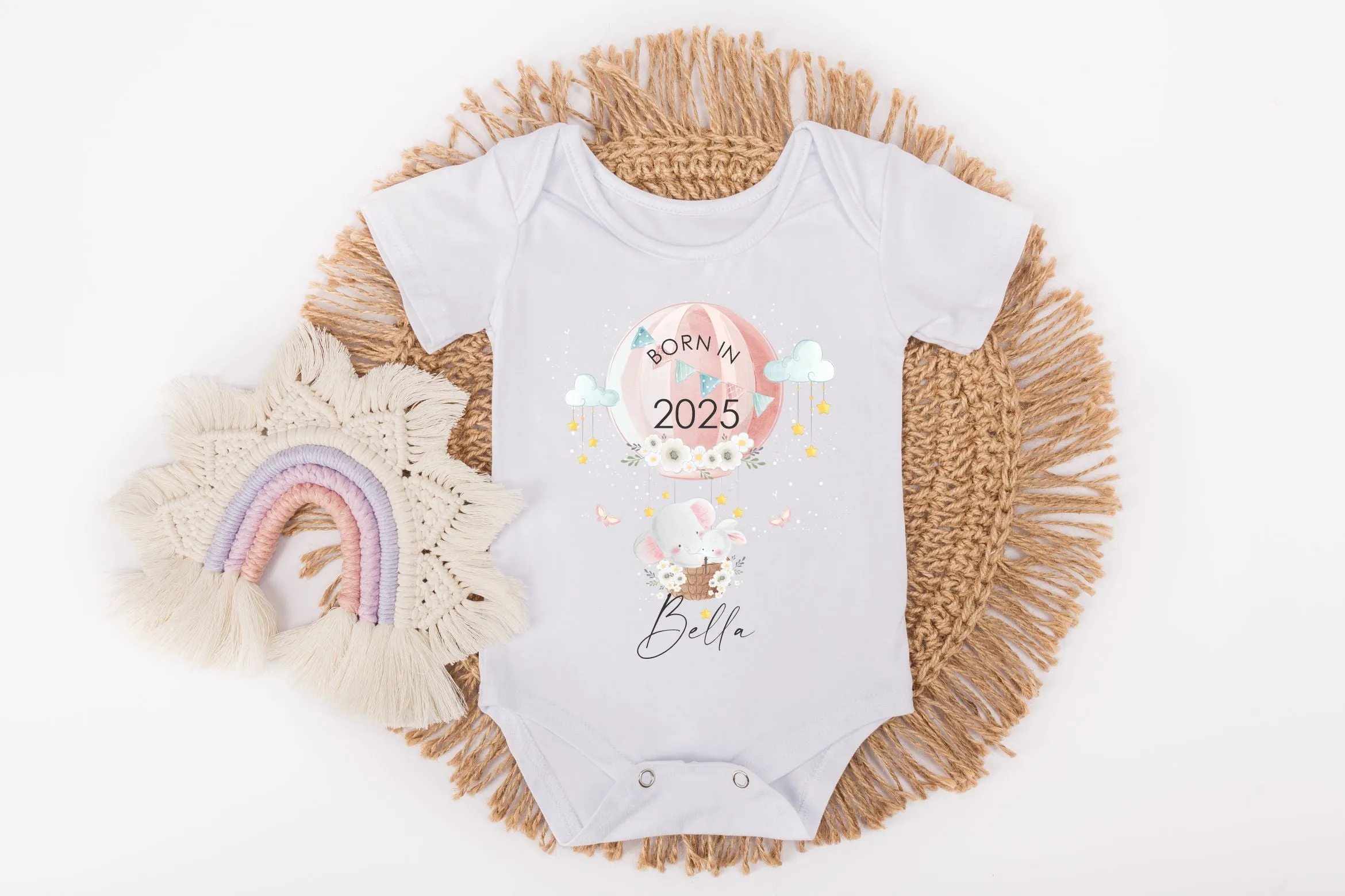 Personalised Born In 2025 Baby Rompersuit or Vest -  Balloon Elephant