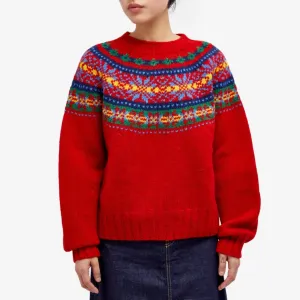 Red Jacquard Loose Pullover Crew Neck Sweater