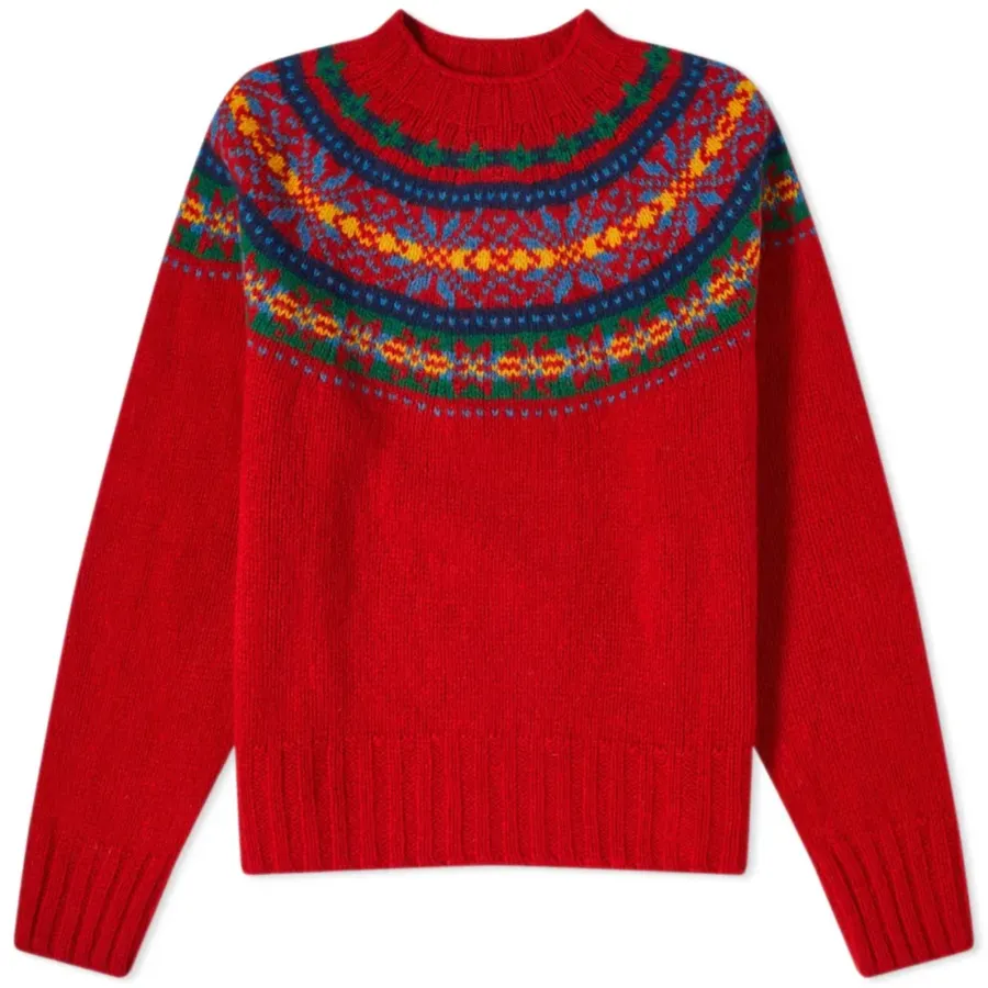 Red Jacquard Loose Pullover Crew Neck Sweater