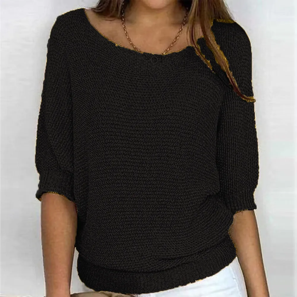 Round Neck Three-Quarter Sleeve Knitted Sweater